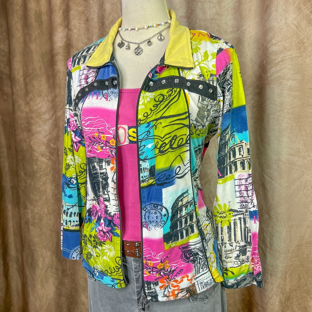 Y2K Euro Jacket Graphic Print Rome Italy Multicolor Rhinestone Studded Zip Up